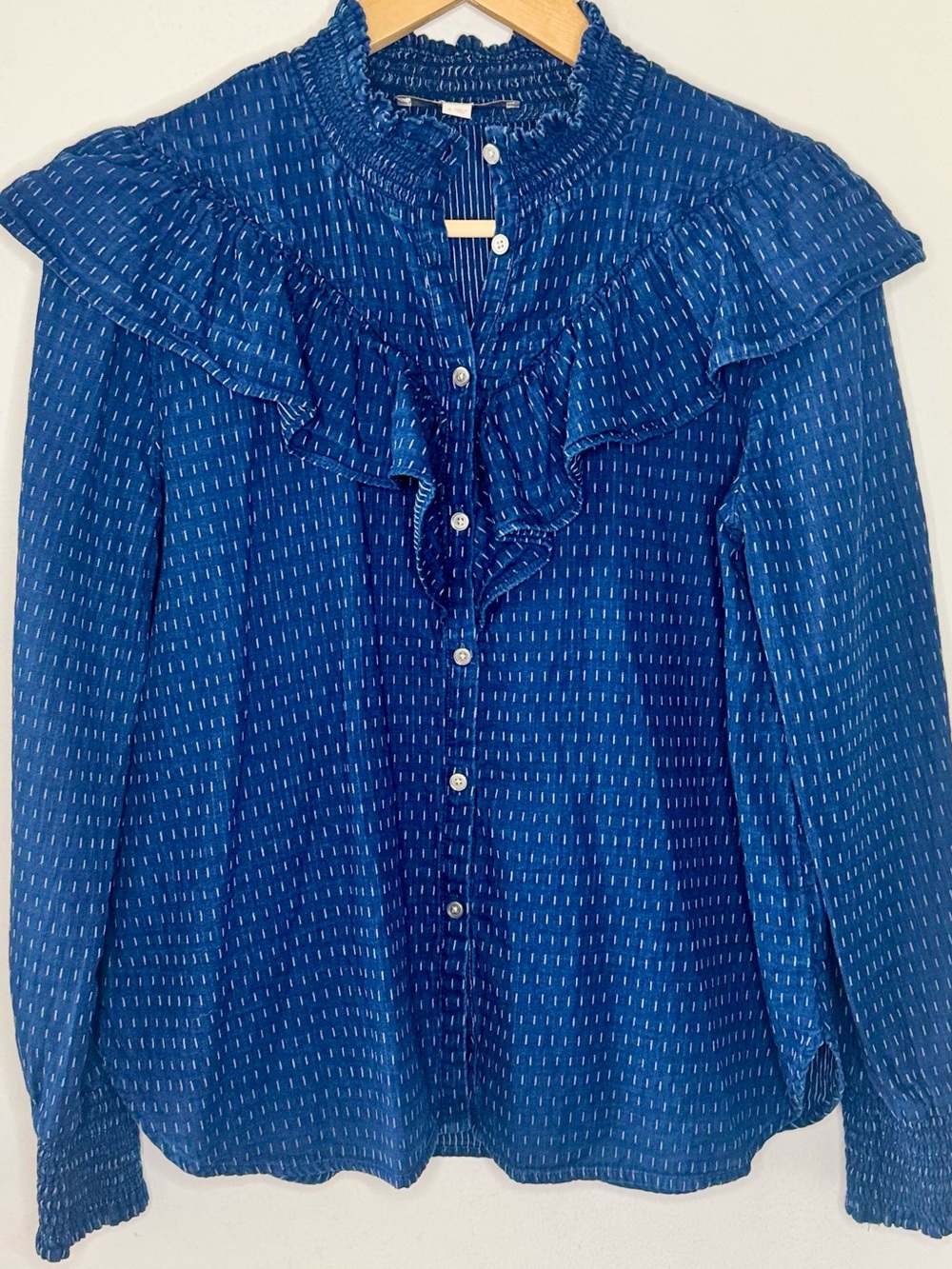 Ann Taylor Loft Indigo Dobby Cotton Ruffle Prairie Shirt Women’s Small Cowgirl